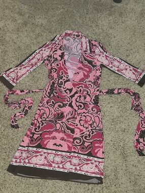 Pink Floral Wrap Dress with Contrast Trim